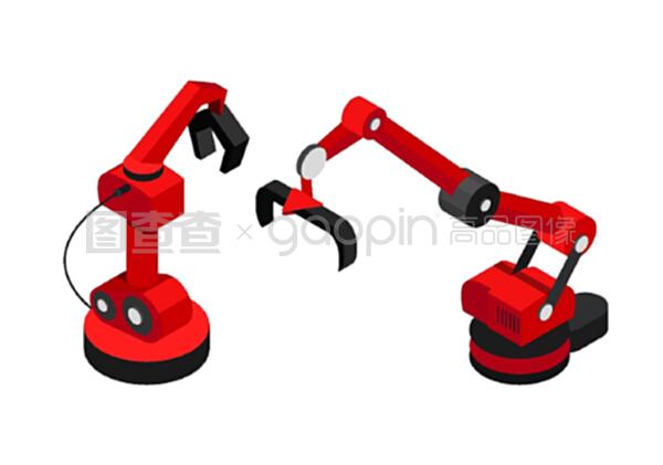 機器人用抽象機械手彩卡隔離在白色液壓機械矢量插圖上,生產自動化,機械裝置。機器人用抽象機械手彩卡